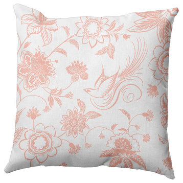 Traditional Bird Floral Polyester Indoor Pillow, Blush, 18"x18"