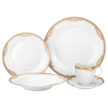Royalty Porcelain 5 pc Dinnerware Set with Gold Floral Ornament, Porcelain