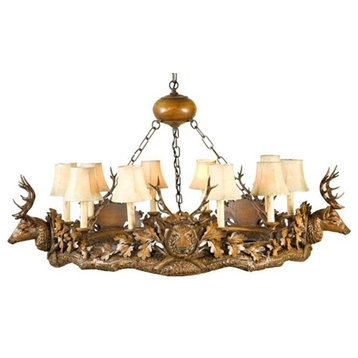 Chandelier Lodge 5 Small Stag Head Deer 10-Light Brass Faux Leather