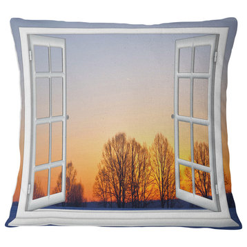Window to Sunset over the Snow Landscape Wall Throw Pillow, 16"x16"
