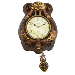 Polished Antique Polyresin Hand-Painted Table Clock w// Swinging Pendulum