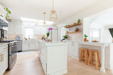 Enclosed kitchen - u-shaped light wood floor and beige floor enclosed kitchen idea in Chicago with a farmhouse sink, raised-panel cabinets, white cabinets, stainless steel appliances and an island