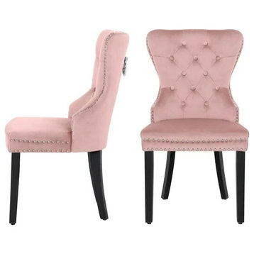 Set of 2 Dining Chair, Velvet Seat With Nailhead & Tufted Wingback, Pink