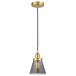 Innovations Lighting - Innovations 616-1PH-SG-G63 1-Light Mini Pendant, Satin Gold - Innovations 616-1PH-SG-G63 1-Light Mini Pendant Satin Gold. Collection: Edison. Style: Industrial, Farmhouse, Restoration-Vintage, Transitional. Metal Finish: Satin Gold. Metal Finish (Canopy/Backplate): Satin Gold. Material: Steel, Cast Brass, Glass. Dimension(in): 8(H) x 6(W) x 6(Dia). Min/Max Height (Fixture Height with Cord or Included Stems and Canopy)(in): 13/131. Wire/Cord: 10 Feet Of Black Fabric Cord. Bulb: (1)60W Medium Base,Dimmable(Not Included). Maximum Wattage Per Socket: 100. Voltage: 120. Color Temperature (Kelvin): 2200. CRI: 99. 9. Lumens: 220. Glass Shade Description: Plated Smoke Small Cone. Glass or Metal Shade Color: Plated Smoke. Shade Material: Glass. Glass Type: Colorful. Shade Shape: Cone. Shade Dimension(in): 6. 25(W) x 5. 75(H). Fitter Measurement (Glass Or Metal Shade Fitter Size): 3. 25 inch Fitter. Canopy Dimension(in): 4. 75(Dia) x 1(H). Sloped Ceiling Compatible: Yes. California Proposition 65 Warning Required: Yes. UL and ETL Certification: Damp Location.