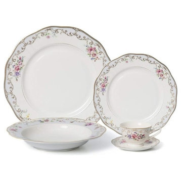 Royalty Porcelain 5-pc Dinner Set for 1, 24K Gold, Bone China (Romantic Bloom)