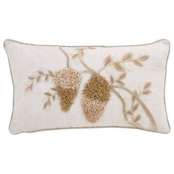 Throw Pillow With Embroidered Flower Design, Gold, 12"x20", Poly Filled