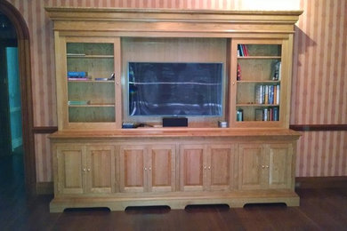 Inspiration for a transitional dark wood floor family room remodel in New York with a media wall