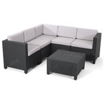 GDFSTUDIO - Riley Outdoor 5 Seater Faux Wicker Sectional Sofa Set, Dark Gray, Gray - Lounge comfortably with your family and friends in a refreshing outdoor breeze with our incredible sofa sectional set. Featuring weather-resistant cushions and remarkable polypropylene material, our outstanding sofa sectional uses injection molding to create an astonishingly stable fame that will last you for years to come. This minimalistic design balances clean cut lines and precise angles with an impressive natural look to create a sturdy structure that is held together with clips and brings an extra boost of comfort to your home.