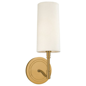 Dillon, One Light Wall Sconce, Aged Brass Finish, Off White Linen Shade