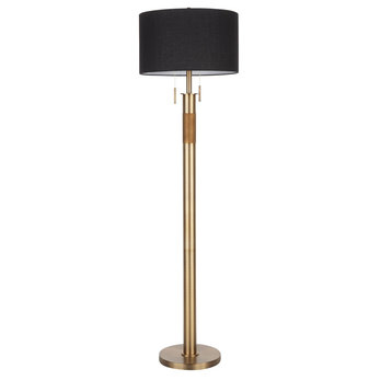 Trophy Industrial Floor Lamp, Antique Brass With Black Linen Shade by LumiSource