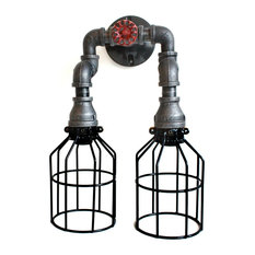 Industrial Wall Sconce - Black pipe and cages lighting , Black Pipe, With Cages,