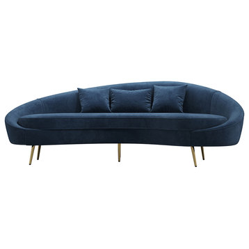 Modern Velvet Curved Sofa 3-Seater Sofa Toss Pillow Included, Blue, Large