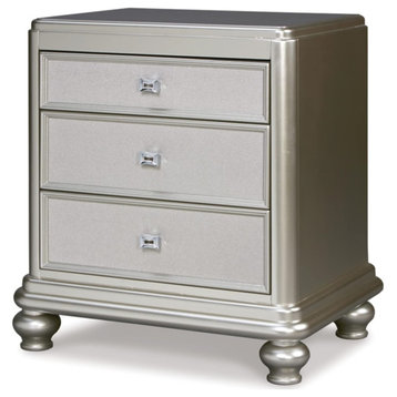 Elegant Nightstand, 3 Storage Drawers With Faux Shagreen Textured Fronts, Silver