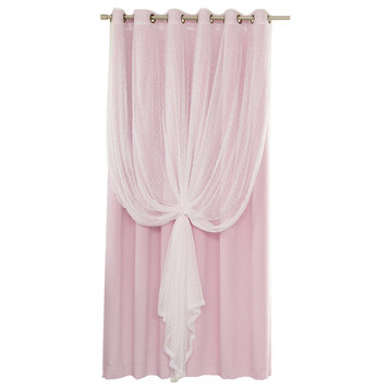 2 Piece Mix and Match Wide Dotted Tulle Lace Blackout Curtain Set, Light Pink