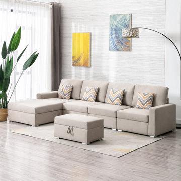 Nolan 124" Linen 5Pc Reversible Sofa Chaise with Interchangeable Legs, Storage O