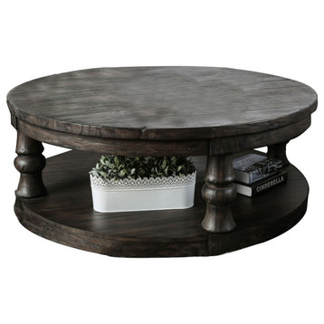 Round Wooden Coffee Table With Open Bottom Shelf, Dark Brown