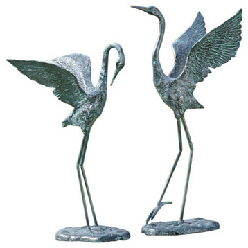 Exalted Crane Verdigris Finish Pair of Aluminum Statues