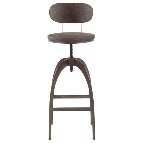 Dakota Industrial Mid-Back Barstool, Antique Metal and Espresso Wood