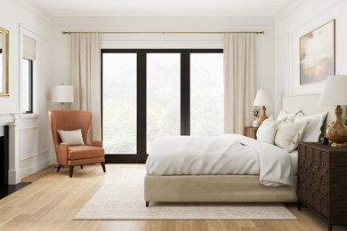 オレンジカウンティにある中くらいなトラディショナルスタイルのおしゃれな主寝室 (白い壁、淡色無垢フローリング、標準型暖炉、木材の暖炉まわり)