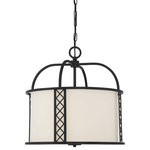 Savoy House - Rockford 3-Light Matte Black Pendant - Clean and classic lines define the Rockford Collection with its simple frame and crisp lattice trim in a Matte Black finish silhouetted against a White fabric shade for contrast. Measuring 18" wide x 18" high, the three-light pendant provides ample illumination from three Edison-base 60-watt bulbs.