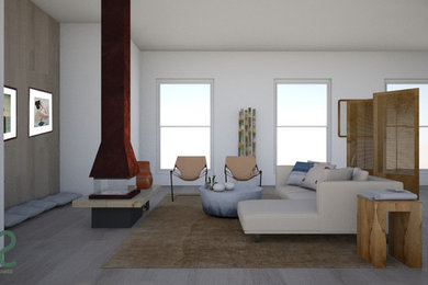Minimalist gray floor living room photo in Boston with a two-sided fireplace