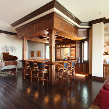 Paneled Soffit Over Home Bar with Wood Ceiling