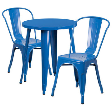 24" Round Blue Metal Indoor-Outdoor 3-Piece Table Set With 2 Cafe Chairs