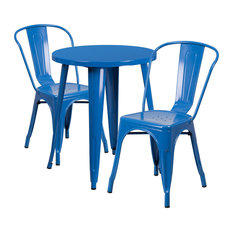 24" Round Blue Metal Indoor-Outdoor 3-Piece Table Set With 2 Cafe Chairs