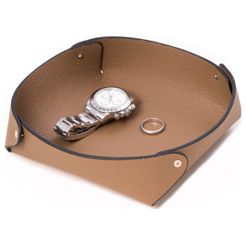 Taupe Leather Catchall Valet Tray, Lay Flat Design
