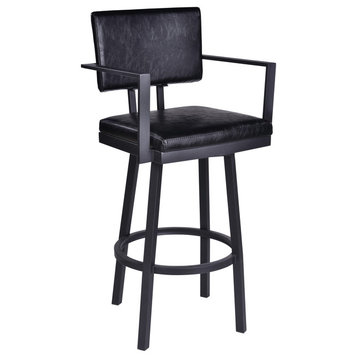 Callisto 26" Counter Stool With Arms, Black Powder Coated & Black Faux Leather