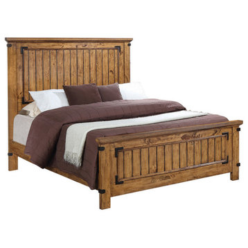 Benzara BM216160 Queen Size Bed with Plank Detailing and Metal Accents, Brown