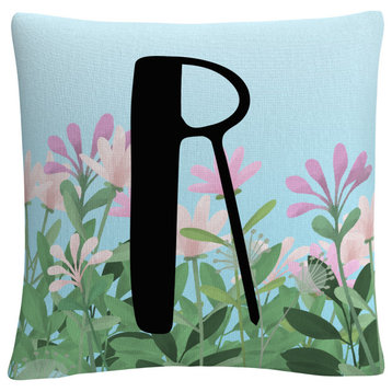 Pink Floral Garden Letter Illustration R By Abc Decorative Throw Pillow