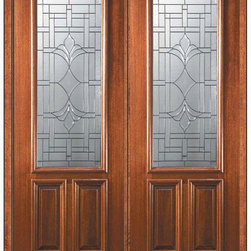 Pre-hung Double Door 96 Wood Mahogany Marsala 2 Panel 2/3 Lite Glass - Front Doors