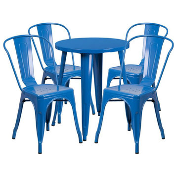 24" Round Blue Metal Indoor-Outdoor Table Set With 4 Cafe Chairs