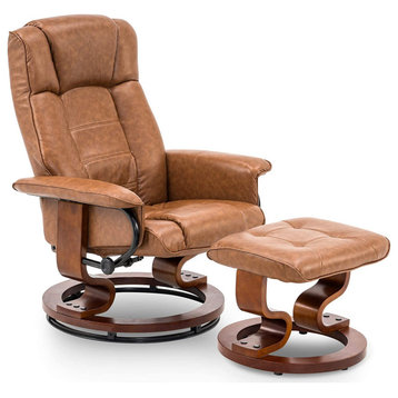 Swivel Recliner Chair With Ottoman, Faux Leather & Padded Armrest, Saddle