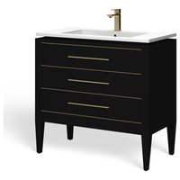 Grace Bathroom Vanity, Black With Brass Trim, 36", Single Sink, Freestanding