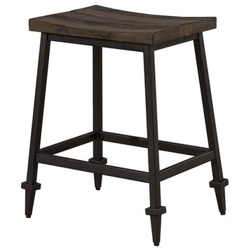 Set of 2 Counter Stool, Metal Base With Curved Wooden Legs, Distressed Walnut