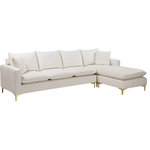 Meridian Furniture - Naomi 3-Piece Velvet Upholstered Reversible Sectional, Cream - Bring glamour to your living room or den with this Naomi cream Velvet Sectional. This striking set blends the modern with the traditional for a look that wows from every angle. Luscious velvet provides a neutral element to your room, ensuring its easy fit with existing furnishings. Choose from either set of legs, both gold and chrome, to customize the sectional to your specific tastes. Pillows come with this sectional, adding to its welcoming feel.