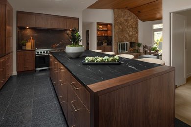 Open concept kitchen - huge contemporary l-shaped terrazzo floor and black floor open concept kitchen idea in Portland with a farmhouse sink, flat-panel cabinets, dark wood cabinets, granite countertops, black backsplash, granite backsplash, paneled appliances, an island and black countertops