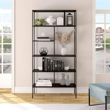 Modern Bookcase, Metal Construction With Multiple Shelves, Blackened Bronze