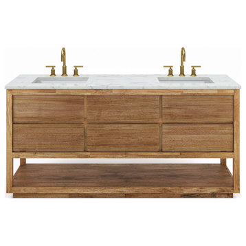 Oakman Marble Top Vanity in Mango Wood with Faucet, 72, Vanity With Satin Gold Faucet