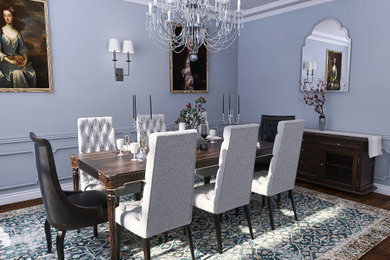 Example of a mid-sized classic medium tone wood floor, coffered ceiling and wainscoting enclosed dining room design in Boston with no fireplace
