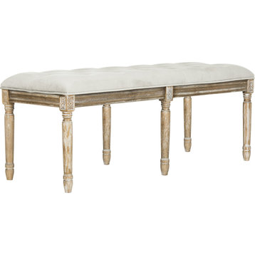 Rocha French Brasserie Tufted Traditional Rustic Wood Bench, Gray Velvet