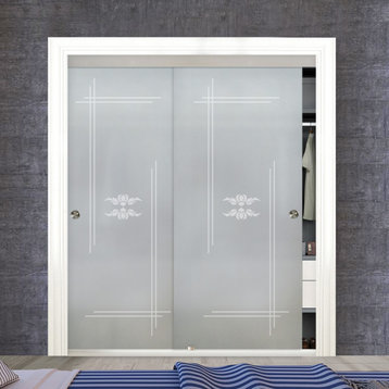Frameless Sliding Closet Bypass Glass Door With Desing, 60"x80", Full-Private