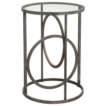 Uttermost Lucien 18" Round Iron and Glass Top Accent End Table in Aged Black