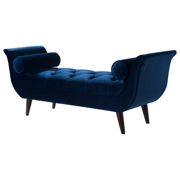 Contemporary Upholstered Bench, Flared Arms With Button Tufted Seat & 2 Pillows