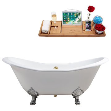 72" Cast Iron R5162CH-GLD Soaking Clawfoot Tub and Tray With External Drain