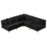 Meridian Furniture - Tremblay Modular Sectional, Black, L-Shaped, 5-Piece: Armless (4), Corner (1) - Lean back and relax on this Tremblay sectional. Featuring soft black velvet upholstery with deep button tufting, this sectional adds a bold touch to any living space. A complete set of gold and chrome legs are included, so you can change it up to suit your home decor. This sectional is modular, so you can create infinite configurations with it, which are easily attached using the latch underneath the frame. Its contemporary design is perfect for the modern home.