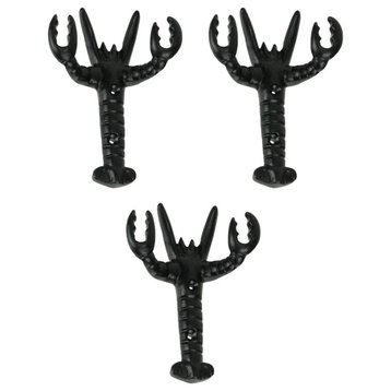 Set of 3 Black Enamel Cast Iron Lobster Shaped Decorative Wall Hooks