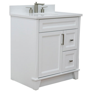 31" Single Sink Vanity, White Finish With White Quartz With Oval Sink